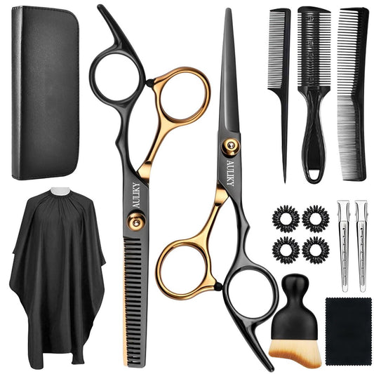 AULikY 15-Piece Professional Hair Cutting Scissors Set | Stainless Steel Shears for Barber, Salon, Home Use