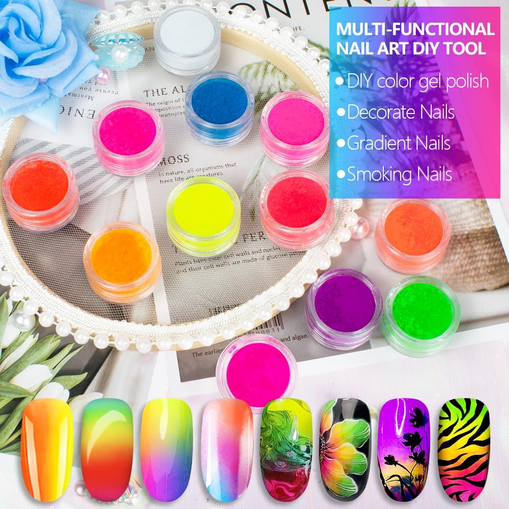 12 Colors Fluorescent Rainbow Pigment Powder for Nails, Acrylic Resin Powder High-Gloss Paint for Gradient Smoke Nails, Halloween Manicure & Makeup - görsel 3