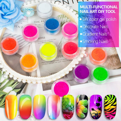 12 Colors Fluorescent Rainbow Pigment Powder for Nails, Acrylic Resin Powder High-Gloss Paint for Gradient Smoke Nails, Halloween Manicure & Makeup