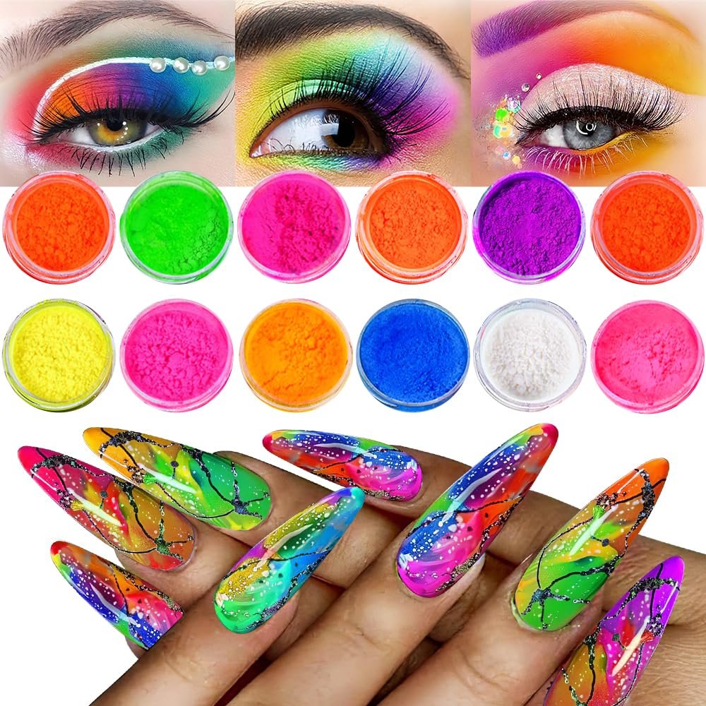 12 Colors Fluorescent Rainbow Pigment Powder for Nails, Acrylic Resin Powder High-Gloss Paint for Gradient Smoke Nails, Halloween Manicure & Makeup - görsel 1