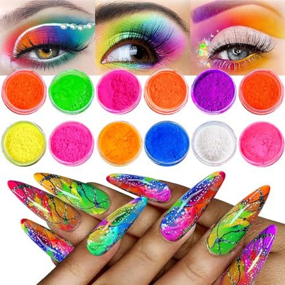 12 Colors Fluorescent Rainbow Pigment Powder for Nails, Acrylic Resin Powder High-Gloss Paint for Gradient Smoke Nails, Halloween Manicure & Makeup