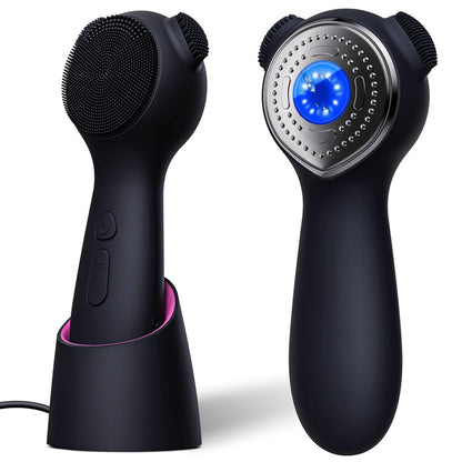 Silicone Face Scrubber Exfoliator Electric for Men Women - Rechargeable Facial Cleansing Brush with Wireless Charging Dock, Waterproof Sonic Vibrating Face Scrub Brush Cleanser (Black) Avelisse