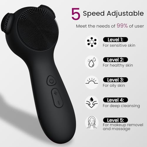 Silicone Face Scrubber Exfoliator Electric for Men Women - Rechargeable Facial Cleansing Brush with Wireless Charging Dock, Waterproof Sonic Vibrating Face Scrub Brush Cleanser (Black) Avelisse