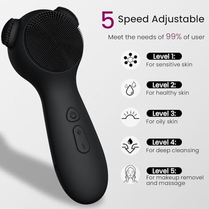 Silicone Face Scrubber Exfoliator Electric for Men Women - Rechargeable Facial Cleansing Brush with Wireless Charging Dock, Waterproof Sonic Vibrating Face Scrub Brush Cleanser (Black) Avelisse