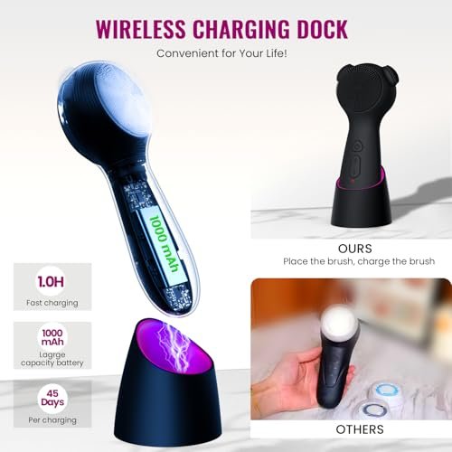 Silicone Face Scrubber Exfoliator Electric for Men Women - Rechargeable Facial Cleansing Brush with Wireless Charging Dock, Waterproof Sonic Vibrating Face Scrub Brush Cleanser (Black) Avelisse