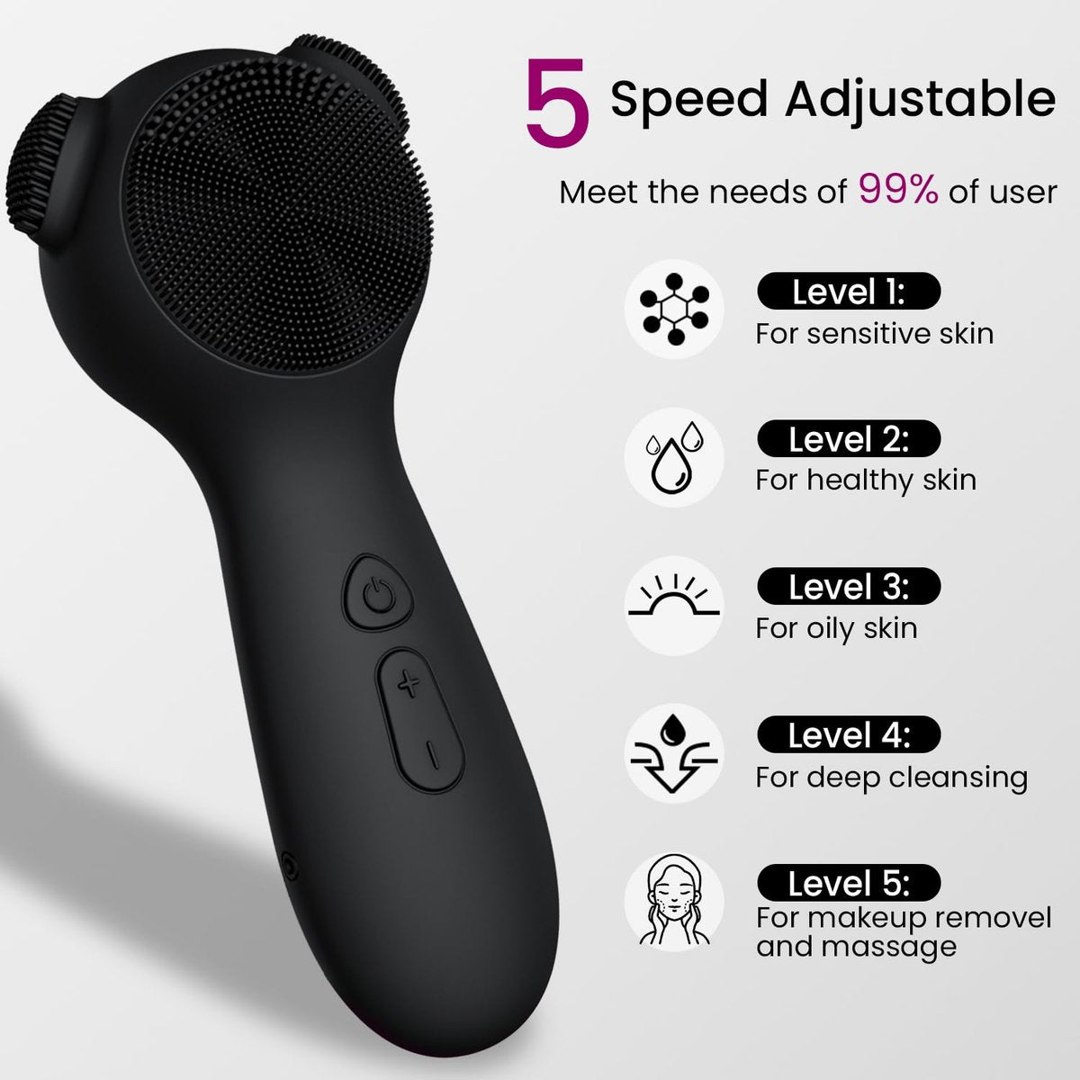 Silicone Face Scrubber Exfoliator Electric for Men Women - Rechargeable Facial Cleansing Brush with Wireless Charging Dock, Waterproof Sonic Vibrating Face Scrub Brush Cleanser (Black) Avelisse