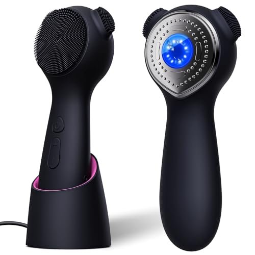 Silicone Face Scrubber Exfoliator Electric for Men Women - Rechargeable Facial Cleansing Brush with Wireless Charging Dock, Waterproof Sonic Vibrating Face Scrub Brush Cleanser (Black) Avelisse