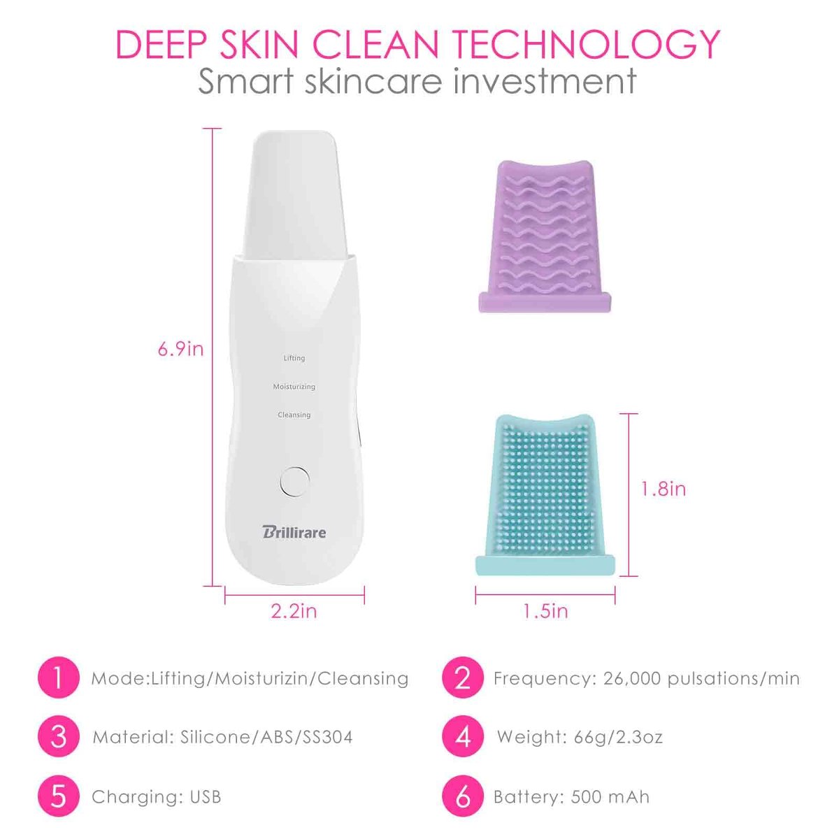 BRILLIRARE Face Scrubber Silicone Pore Cleaner - Rechargeable Blackhead Remover Tool for Deep Cleansing & Exfoliating, 3 Modes, Waterproof, All Skin Types (Pearl White) - görsel 3