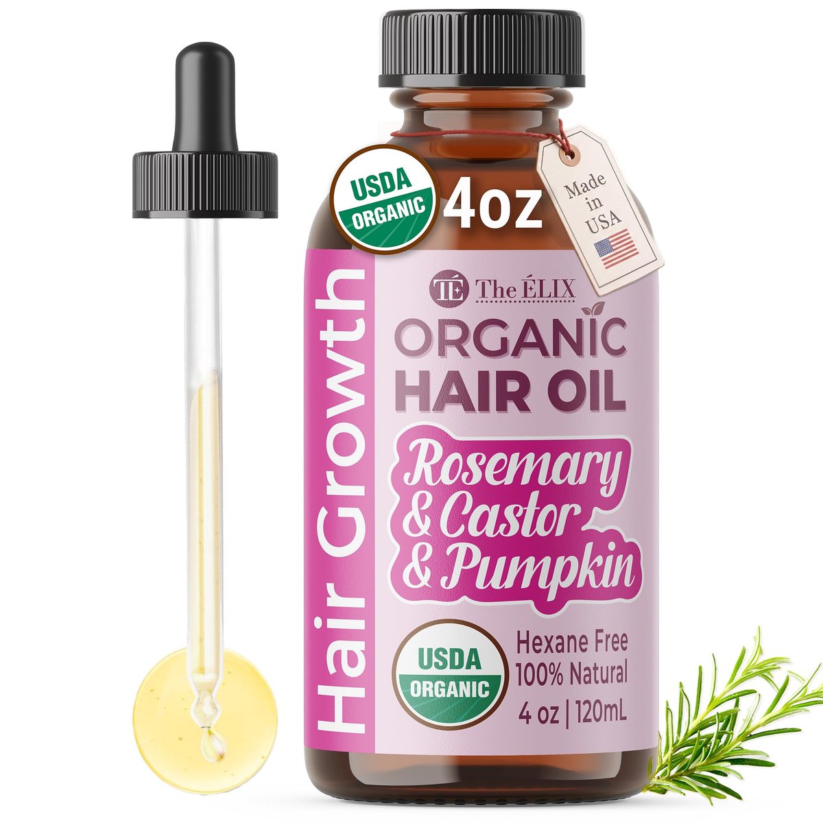 The ÉLIX USDA Organic Rosemary Oil for Hair Growth | Thickening Formula with Castor & Pumpkin Seed | for Hair Loss & Thinning | Made in USA | 4oz Avelisse
