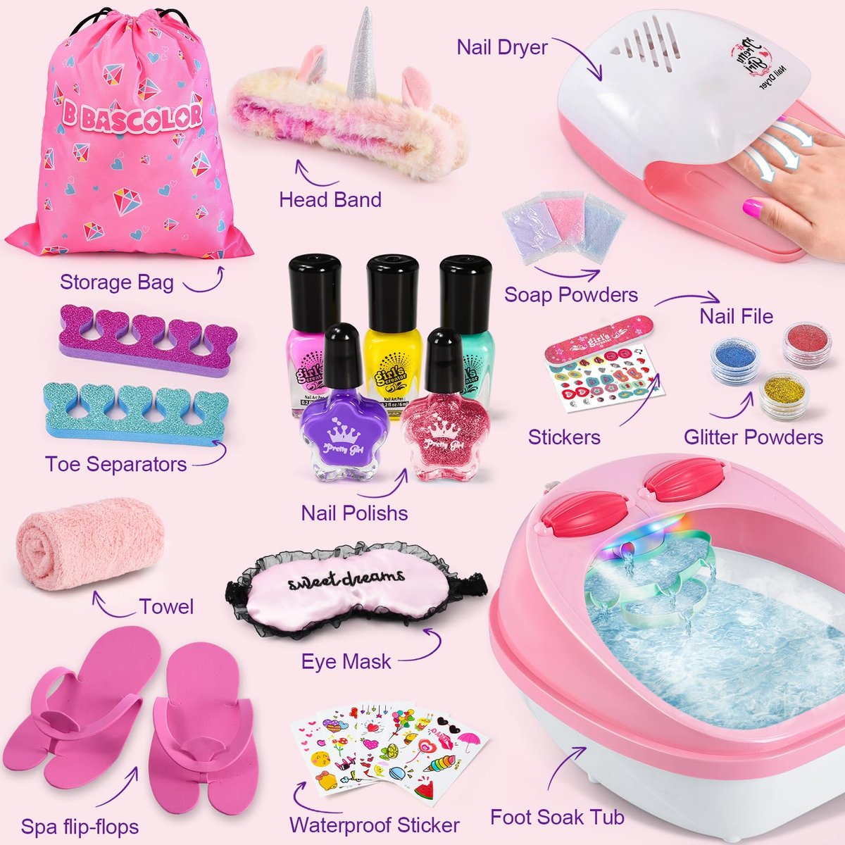B Bascolor Kids Foot Spa & Nail Kit Set - Complete Manicure Pedicure Salon Toy for Girls Ages 5-12, Foot Soak Tub with Massage and Nail Dryer, Pretend Play Gift for Christmas Birthday Avelisse