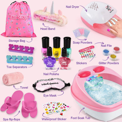 B Bascolor Kids Foot Spa & Nail Kit Set - Complete Manicure Pedicure Salon Toy for Girls Ages 5-12, Foot Soak Tub with Massage and Nail Dryer, Pretend Play Gift for Christmas Birthday Avelisse
