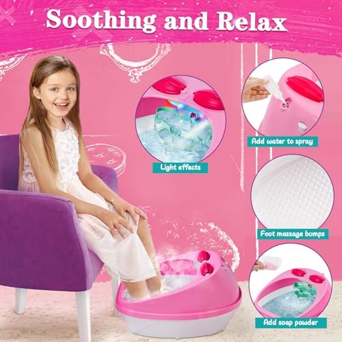B Bascolor Kids Foot Spa & Nail Kit Set - Complete Manicure Pedicure Salon Toy for Girls Ages 5-12, Foot Soak Tub with Massage and Nail Dryer, Pretend Play Gift for Christmas Birthday Avelisse