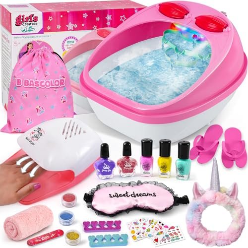 B Bascolor Kids Foot Spa & Nail Kit Set - Complete Manicure Pedicure Salon Toy for Girls Ages 5-12, Foot Soak Tub with Massage and Nail Dryer, Pretend Play Gift for Christmas Birthday Avelisse
