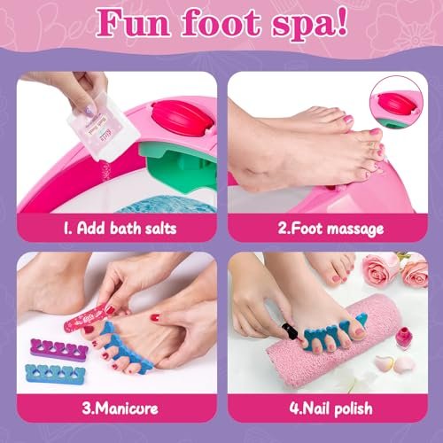 B Bascolor Kids Foot Spa & Nail Kit Set - Complete Manicure Pedicure Salon Toy for Girls Ages 5-12, Foot Soak Tub with Massage and Nail Dryer, Pretend Play Gift for Christmas Birthday Avelisse