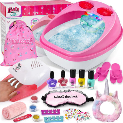 B Bascolor Kids Foot Spa & Nail Kit Set - Complete Manicure Pedicure Salon Toy for Girls Ages 5-12, Foot Soak Tub with Massage and Nail Dryer, Pretend Play Gift for Christmas Birthday Avelisse