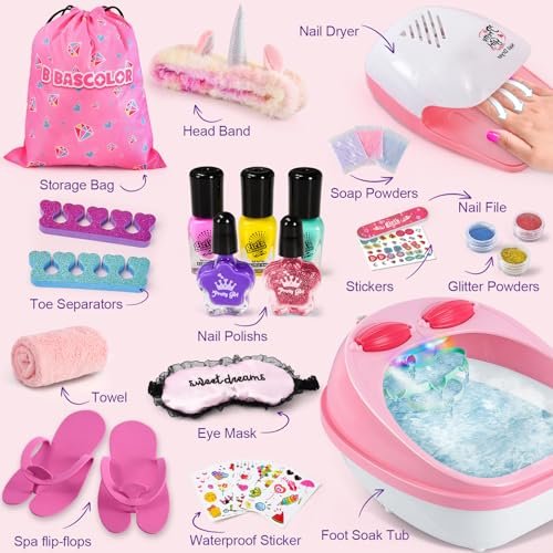 B Bascolor Kids Foot Spa & Nail Kit Set - Complete Manicure Pedicure Salon Toy for Girls Ages 5-12, Foot Soak Tub with Massage and Nail Dryer, Pretend Play Gift for Christmas Birthday Avelisse