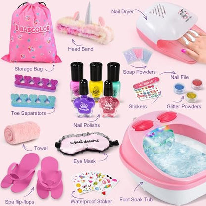 B Bascolor Kids Foot Spa & Nail Kit Set - Complete Manicure Pedicure Salon Toy for Girls Ages 5-12, Foot Soak Tub with Massage and Nail Dryer, Pretend Play Gift for Christmas Birthday Avelisse