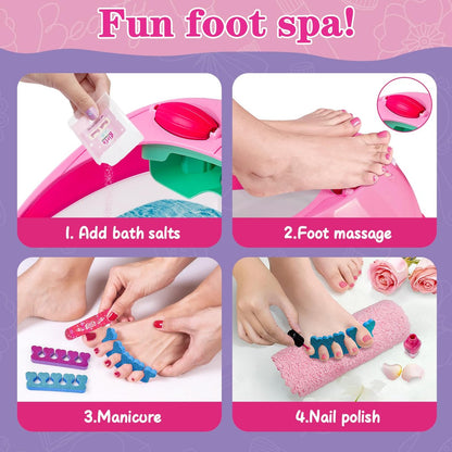 B Bascolor Kids Foot Spa & Nail Kit Set - Complete Manicure Pedicure Salon Toy for Girls Ages 5-12, Foot Soak Tub with Massage and Nail Dryer, Pretend Play Gift for Christmas Birthday Avelisse