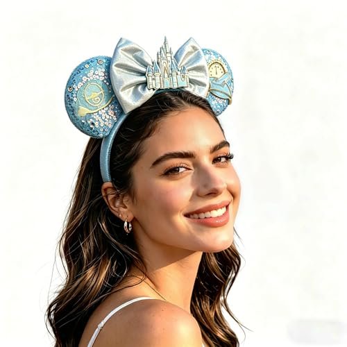 Bolonar Blue Sequin Mouse Ears Headband for Women - Castle Bows Park Ears - görsel 2