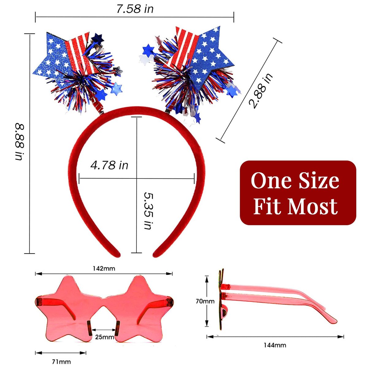 4 PCS Patriotic Party Accessories - Independence Day Headband, Star Sunglasses, Red White Blue Party Favors for Memorial Day - görsel 7