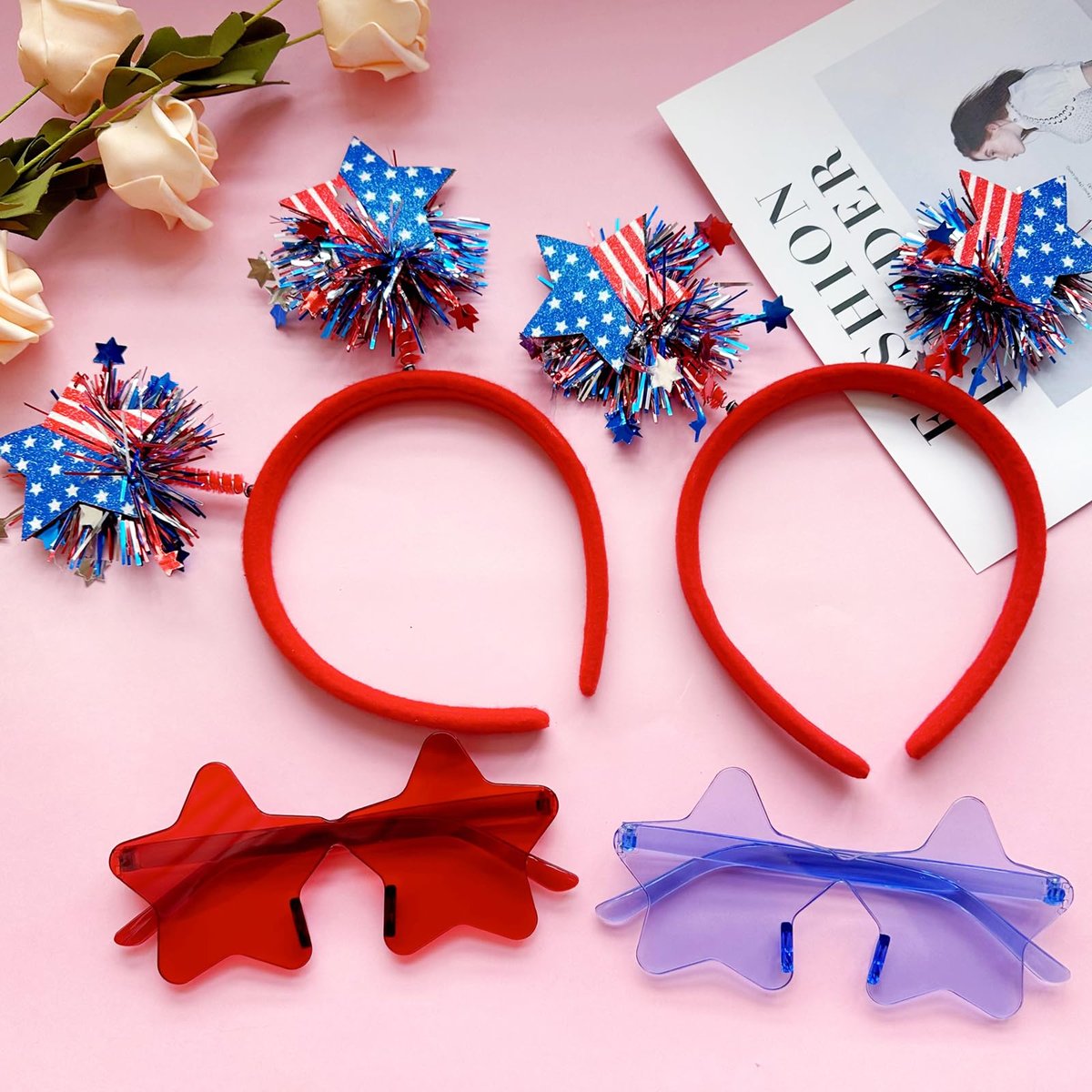 4 PCS Patriotic Party Accessories - Independence Day Headband, Star Sunglasses, Red White Blue Party Favors for Memorial Day - görsel 5