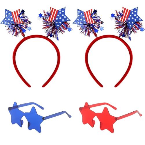 4 PCS Patriotic Party Accessories - Independence Day Headband, Star Sunglasses, Red White Blue Party Favors for Memorial Day - görsel 2