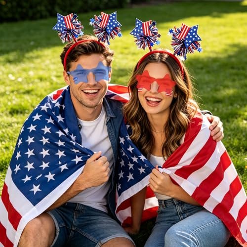 4 PCS Patriotic Party Accessories - Independence Day Headband, Star Sunglasses, Red White Blue Party Favors for Memorial Day - görsel 12