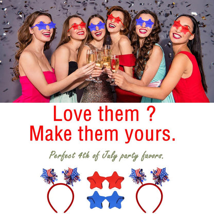 4 PCS Patriotic Party Accessories - Independence Day Headband, Star Sunglasses, Red White Blue Party Favors for Memorial Day