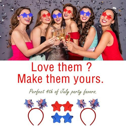 4 PCS Patriotic Party Accessories - Independence Day Headband, Star Sunglasses, Red White Blue Party Favors for Memorial Day