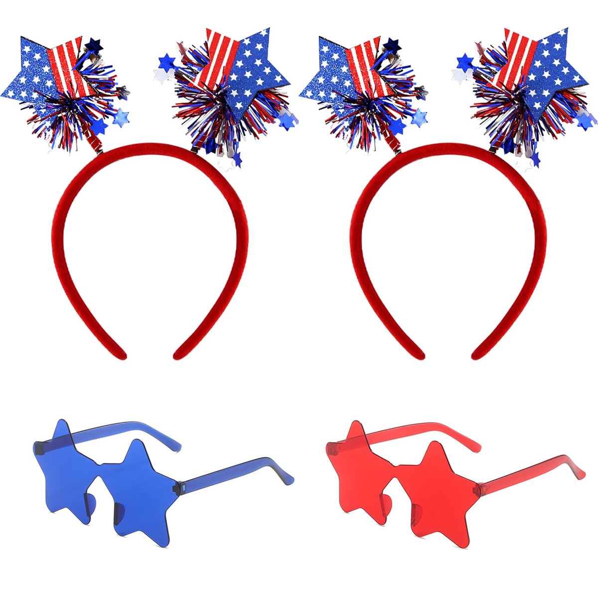 4 PCS Patriotic Party Accessories - Independence Day Headband, Star Sunglasses, Red White Blue Party Favors for Memorial Day - görsel 1