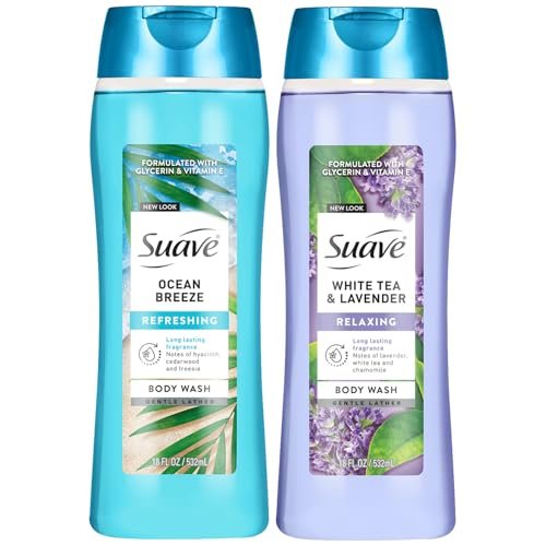 Suave Body Wash Variety 2-Pack: Ocean Breeze & White Tea Lavender – Gentle Body Washes with Fresh Blend Oil Essence, 18 Oz Each Avelisse