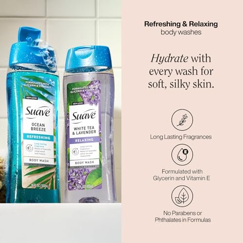 Suave Body Wash Variety 2-Pack: Ocean Breeze & White Tea Lavender – Gentle Body Washes with Fresh Blend Oil Essence, 18 Oz Each Avelisse