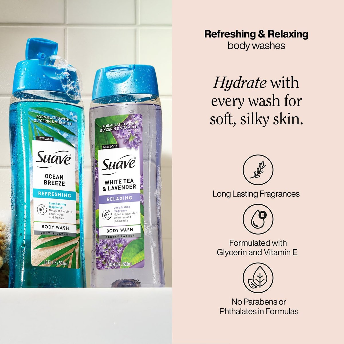 Suave Body Wash Variety 2-Pack: Ocean Breeze & White Tea Lavender – Gentle Body Washes with Fresh Blend Oil Essence, 18 Oz Each Avelisse