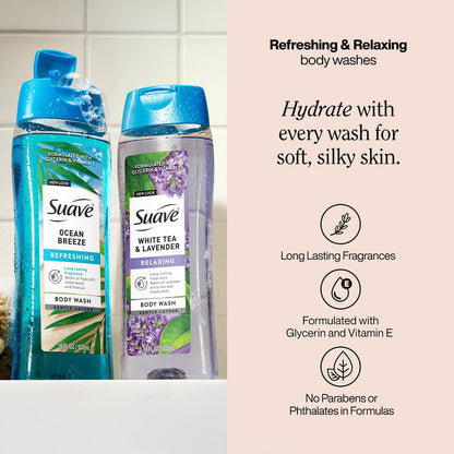 Suave Body Wash Variety 2-Pack: Ocean Breeze & White Tea Lavender – Gentle Body Washes with Fresh Blend Oil Essence, 18 Oz Each Avelisse