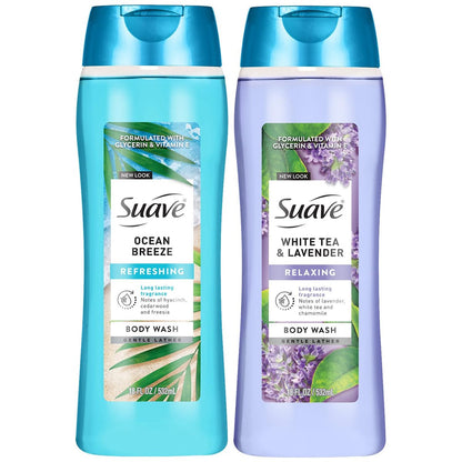 Suave Body Wash Variety 2-Pack: Ocean Breeze & White Tea Lavender – Gentle Body Washes with Fresh Blend Oil Essence, 18 Oz Each Avelisse