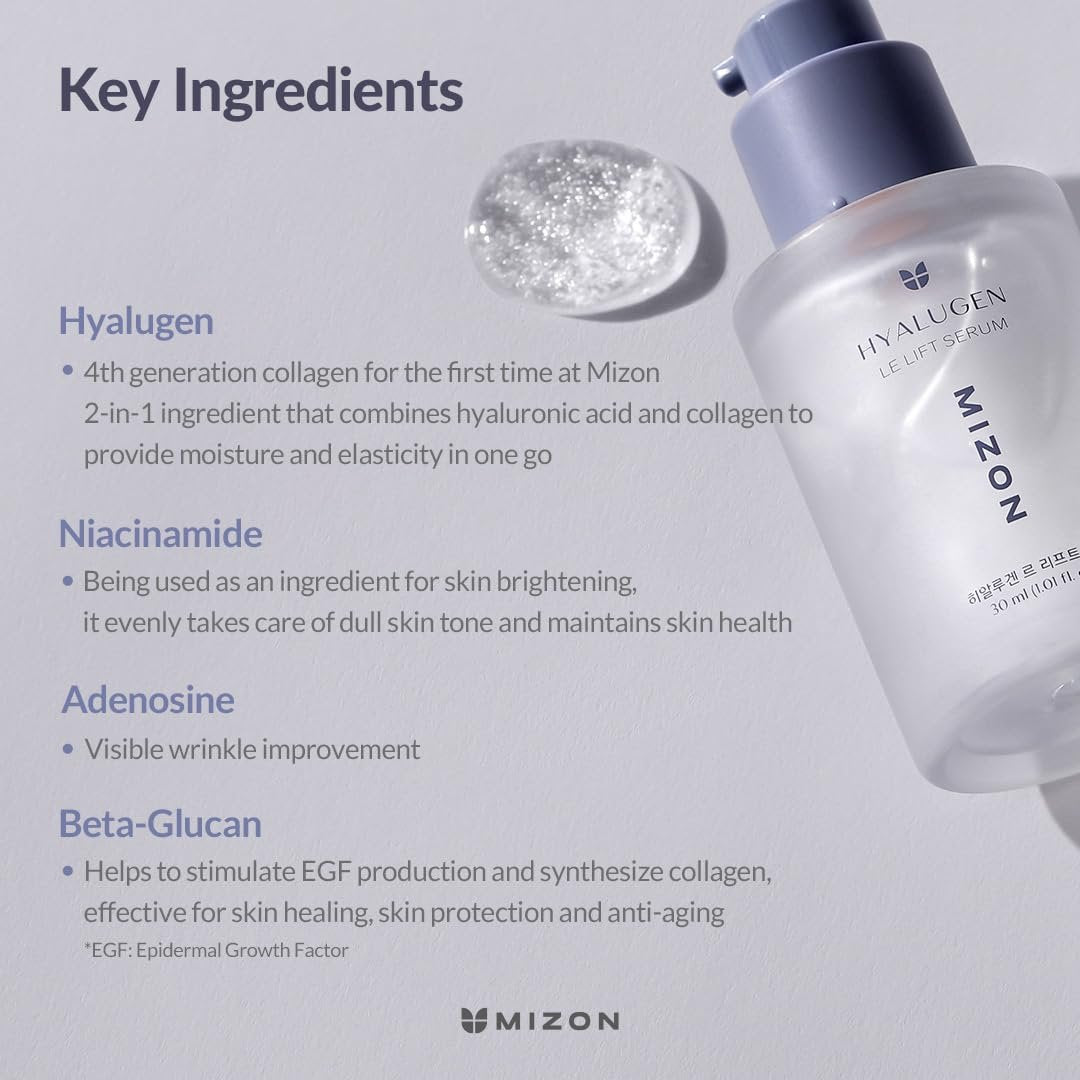 MIZON Hyalugen Le Lift Serum – Hyaluronic Acid & Marine Collagen for Youthful Skin, Fine Lines & Lifting (1.01 oz) Avelisse