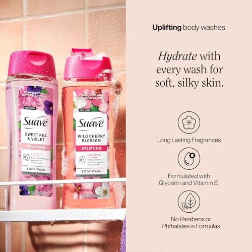 Suave Body Wash Variety 2-Pack: Sweet Pea & Violet + Wild Cherry Blossom – Gentle Floral Body Washes, 18 oz Each Avelisse