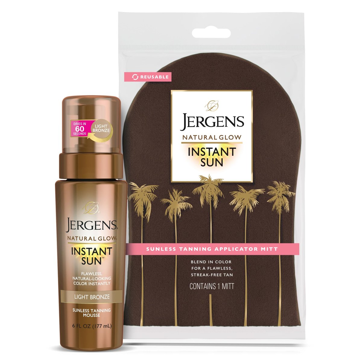 Jergens Natural Glow Instant Sun Bundle: Light Bronze Sunless Tanning Mousse (6 oz) with Applicator Mitt Avelisse