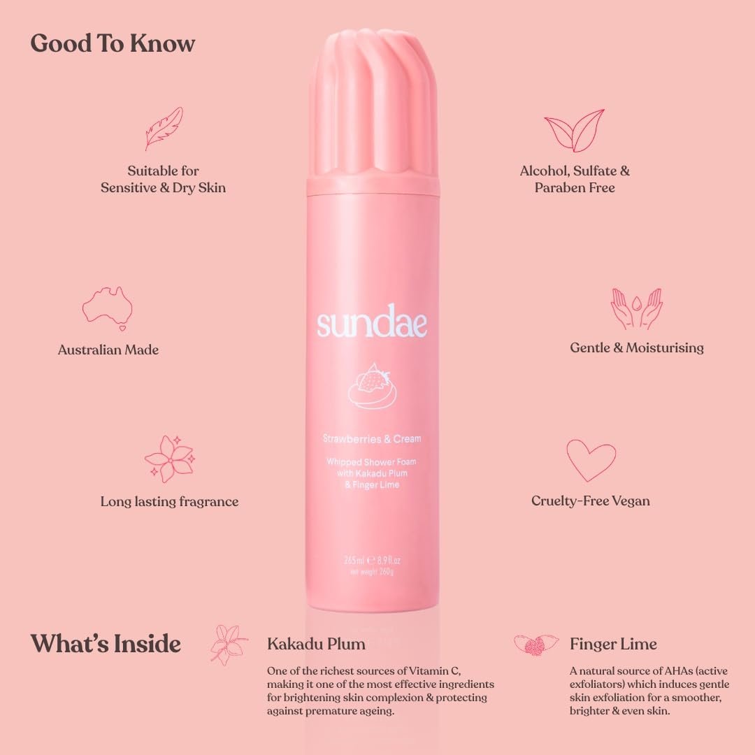 sundae Whipped Shower Foam Strawberries & Cream - Foaming Body Wash with Kakadu Plum & Finger Lime, 8.9 fl oz Avelisse