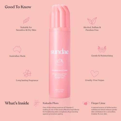 sundae Whipped Shower Foam Strawberries & Cream - Foaming Body Wash with Kakadu Plum & Finger Lime, 8.9 fl oz Avelisse