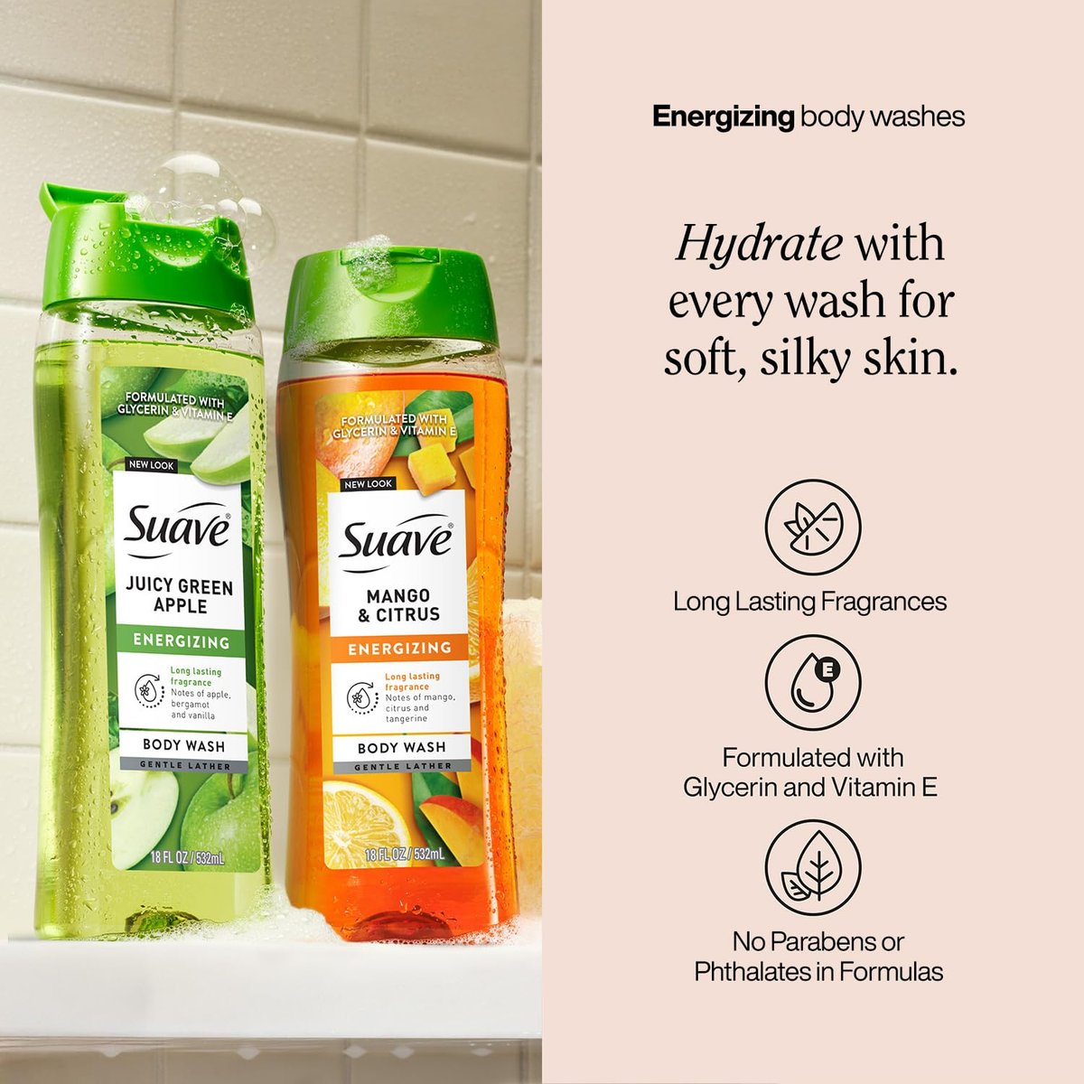 Suave Body Wash Variety 2-Pack: Juicy Green Apple & Mango Citrus - Gentle Body Washes with Fruit Blend Oil Essence, 18 Oz Each Avelisse