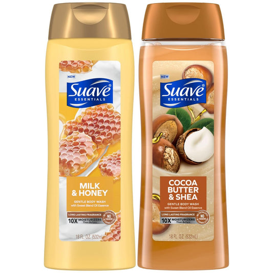 Suave Body Wash Variety 2-Pack: Milk & Honey + Cocoa Butter & Shea – Gentle Body Washes with Sweet Blend Oil Essence, 18 Oz Each Avelisse