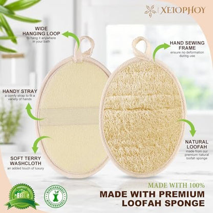 Xeiophoy 2-Pack Natural Loofah Exfoliating Body Scrubber for Bath – Premium Shower Sponge for Women and Men