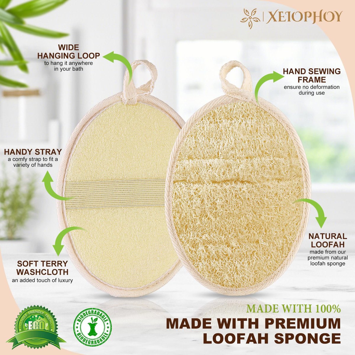 Xeiophoy 2-Pack Natural Loofah Exfoliating Body Scrubber for Bath – Premium Shower Sponge for Women and Men - görsel 7