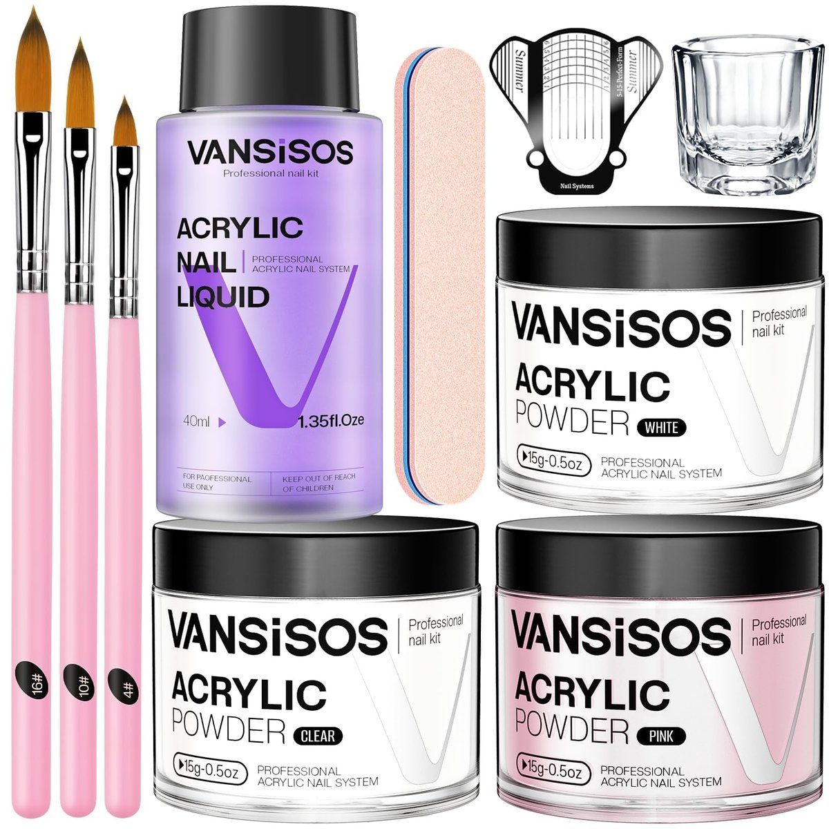 VANSISOS Acrylic Nail Kit for Beginners: Clear White Pink Powder and Liquid Set Professional Nails Kit with Brushes for Home DIY - görsel 1