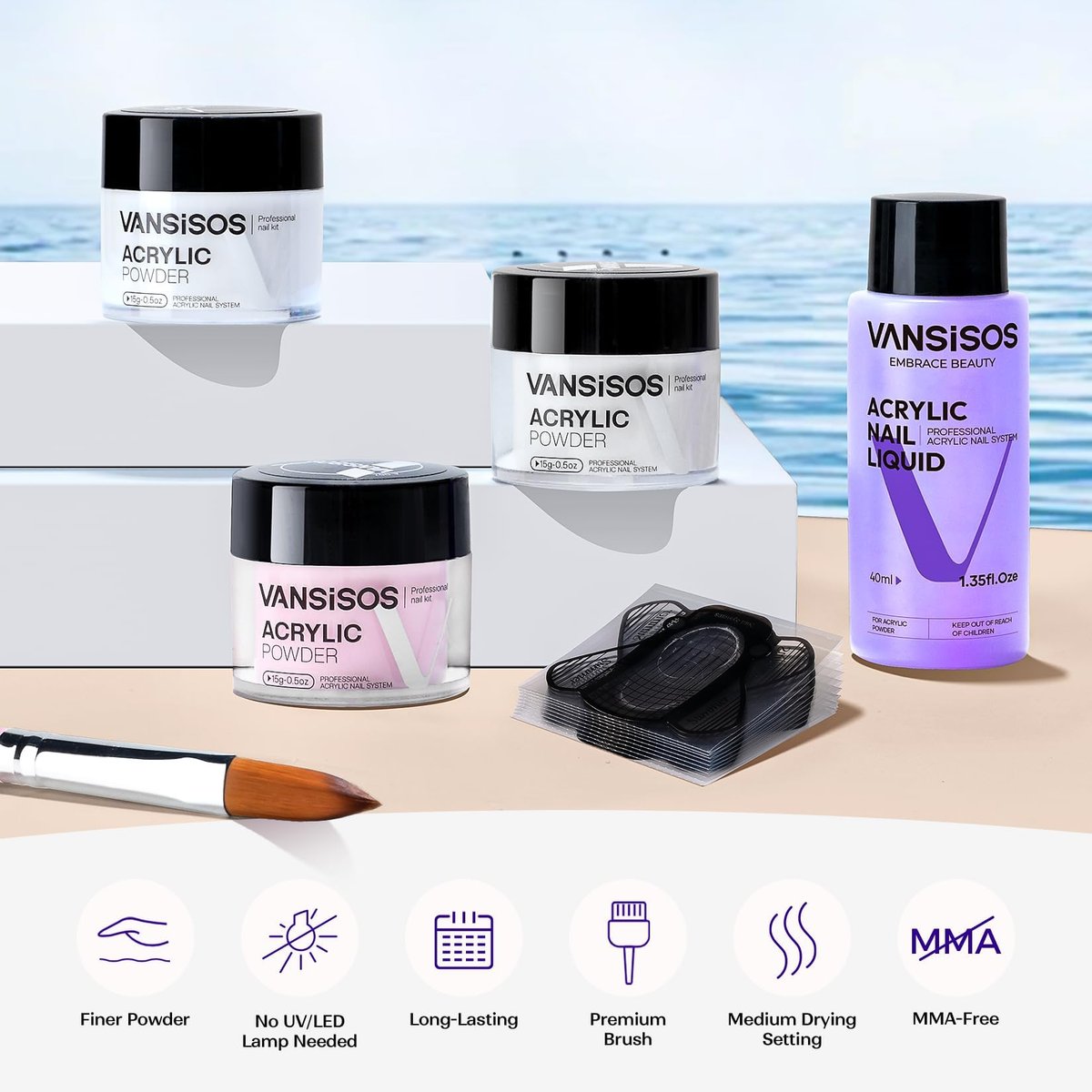 VANSISOS Acrylic Nail Kit for Beginners: Clear White Pink Powder and Liquid Set Professional Nails Kit with Brushes for Home DIY - görsel 7