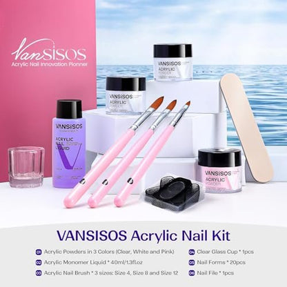 VANSISOS Acrylic Nail Kit for Beginners: Clear White Pink Powder and Liquid Set Professional Nails Kit with Brushes for Home DIY