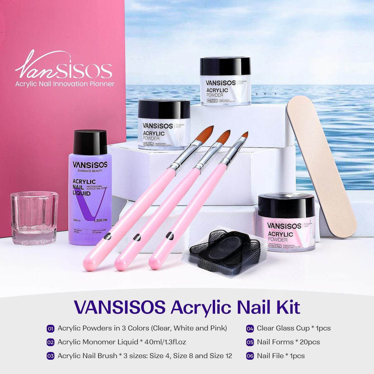 VANSISOS Acrylic Nail Kit for Beginners: Clear White Pink Powder and Liquid Set Professional Nails Kit with Brushes for Home DIY - görsel 3