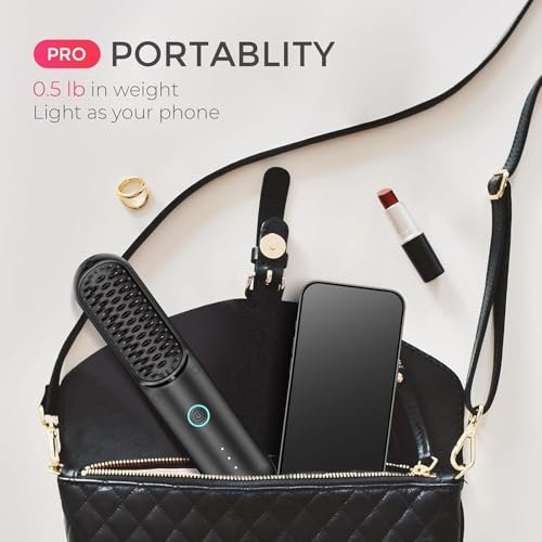 TYMO Porta PRO Cordless Hair Straightener Brush - Portable Ionic Hot Comb for Travel, Lightweight & Fast Charging, Black Avelisse