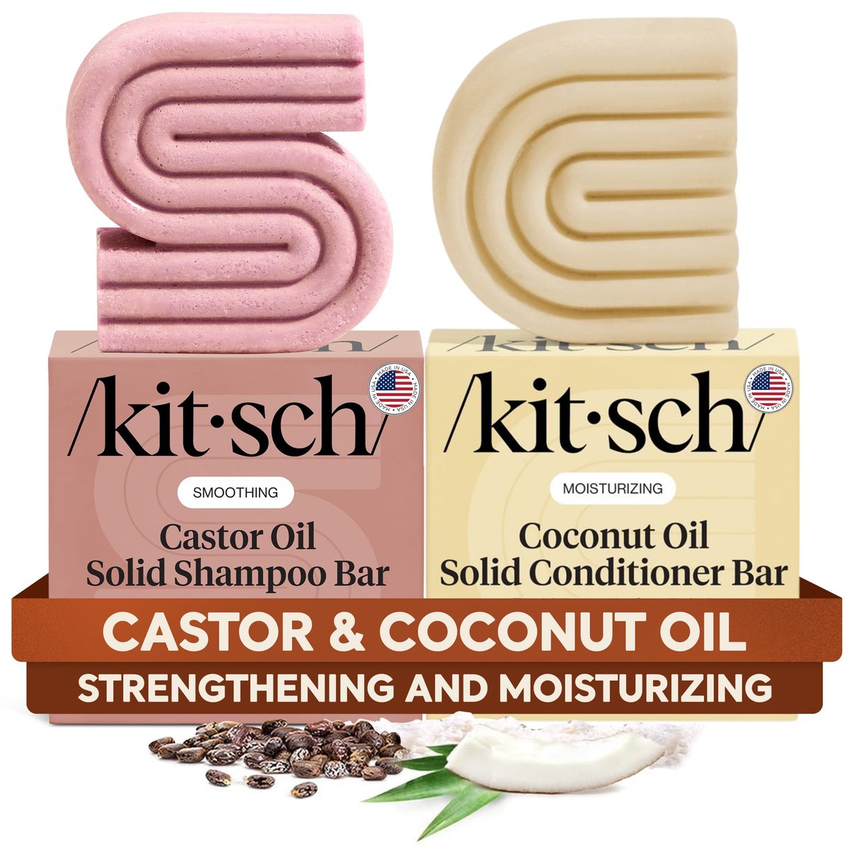 Kitsch Castor Oil Shampoo Bar & Coconut Oil Conditioner Bar – Nourishing Set for Dry, Damaged Hair – Hydrating & Strengthening Hair Care, 2-Piece Set Avelisse